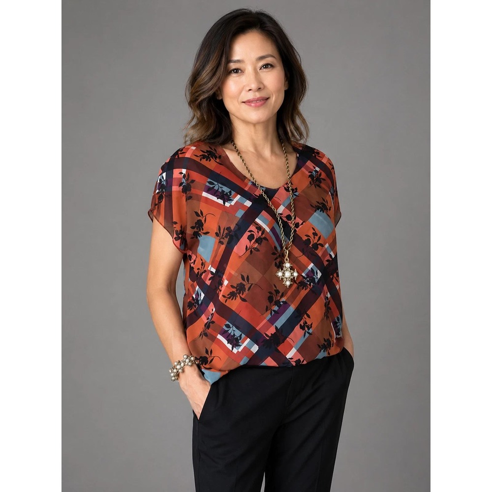 Cabi #3773 Lattice Top Blouse Multicolor Rust Floral Plaid Size S NWOT